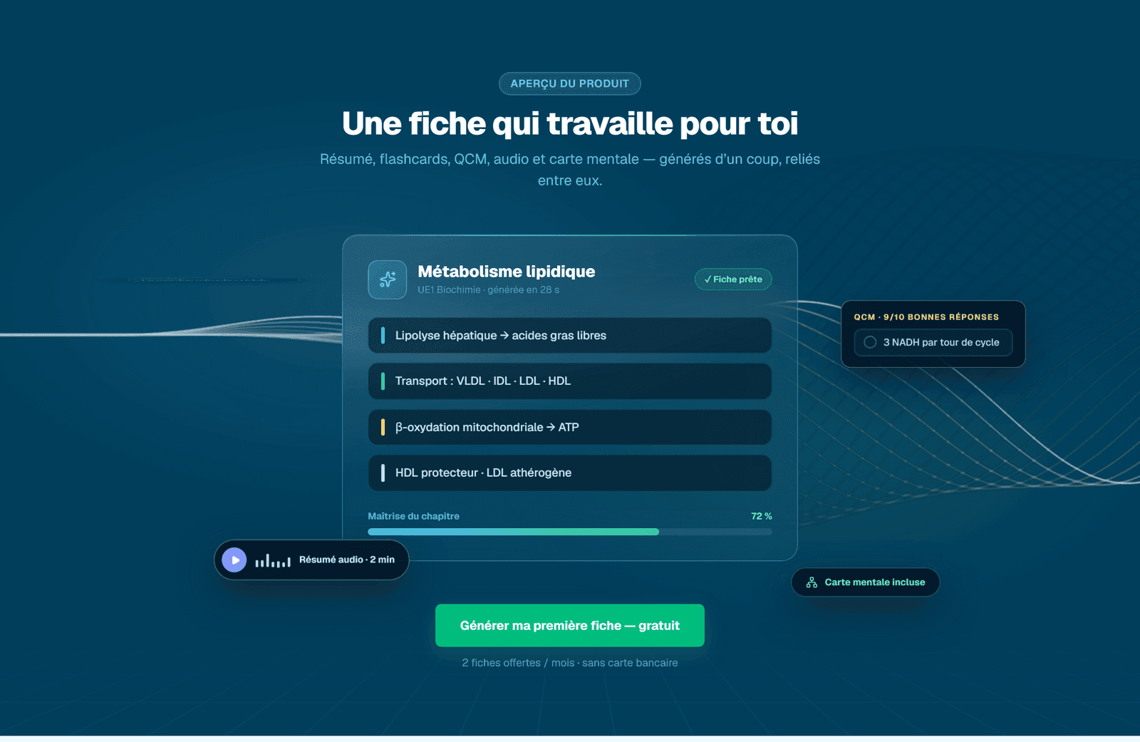 L'interface de Pharo Studio : fiche de révision générée par IA avec flashcards, QCM, résumé audio et suivi de maîtrise